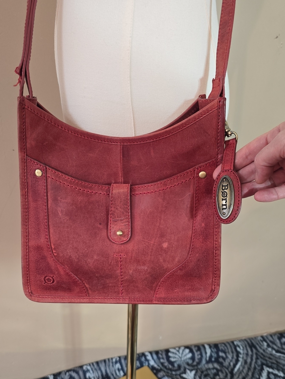 Born Distressed Red Leather Crossbody Bag with Front Pocket